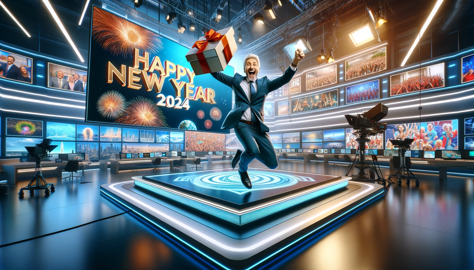 DALL·E 2023-12-27 10.42.48 - In a highly modern TV studio, a 50-year-old male TV moderator is energetically jumping while holding a large gift box with 'Big Surprise' written on i