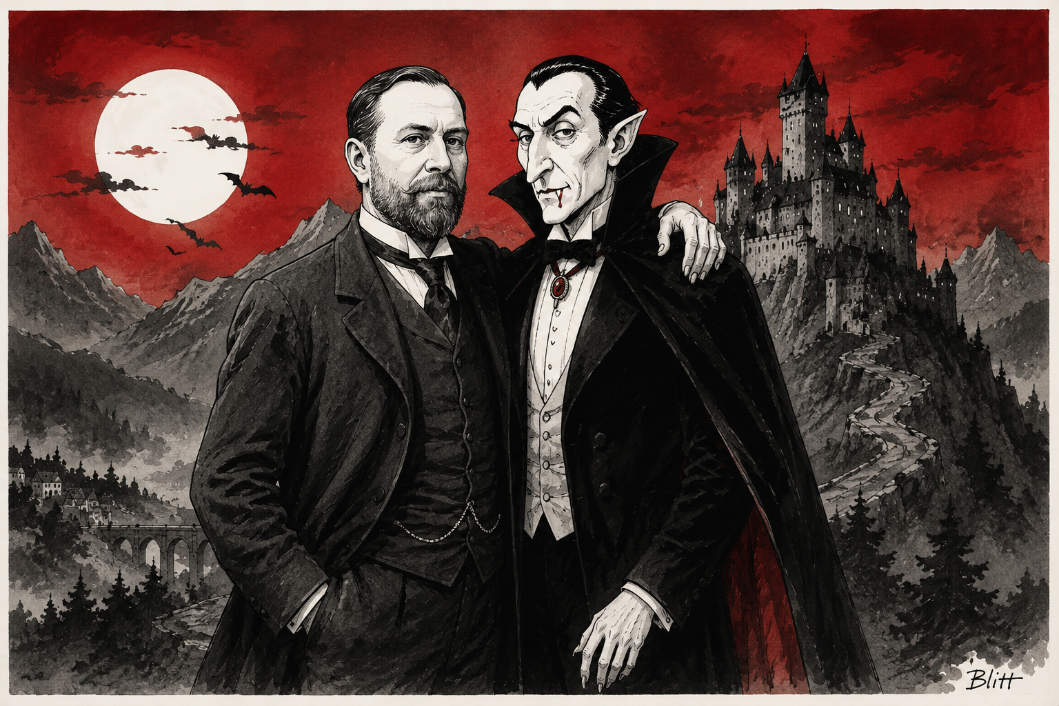 Bram Stoker und Dracula vor einem Schloss