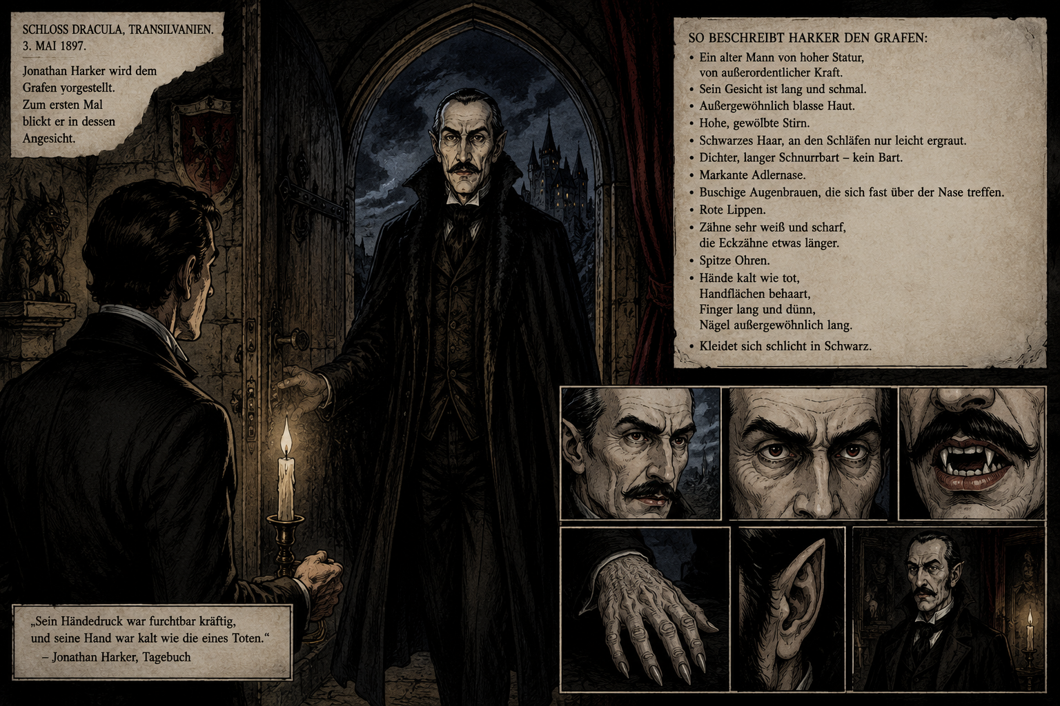 Jonathan Harker begegnet Graf Dracula in dessen Schloss