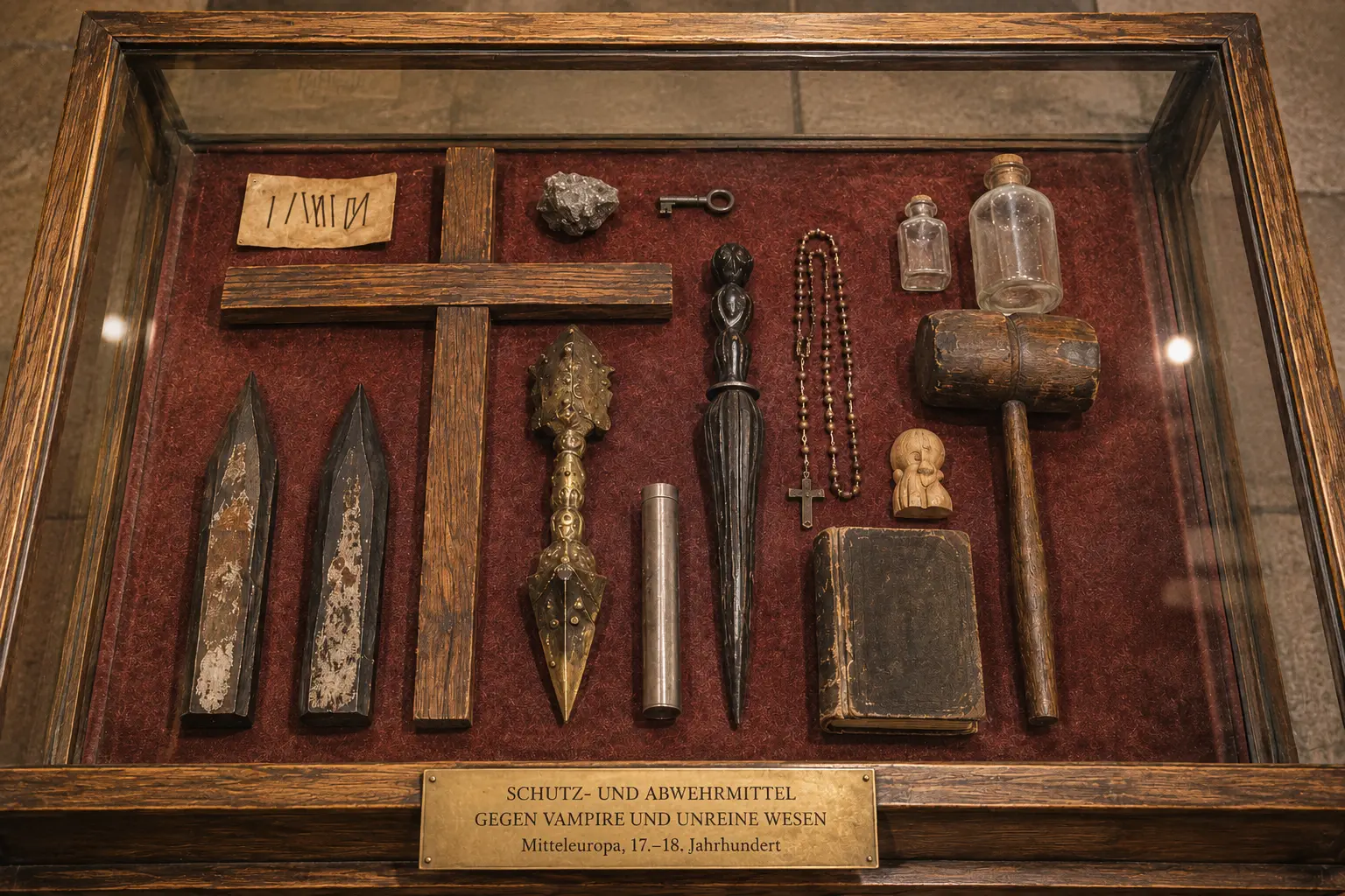Historische Holzpflöcke in einer Museumsvitrine