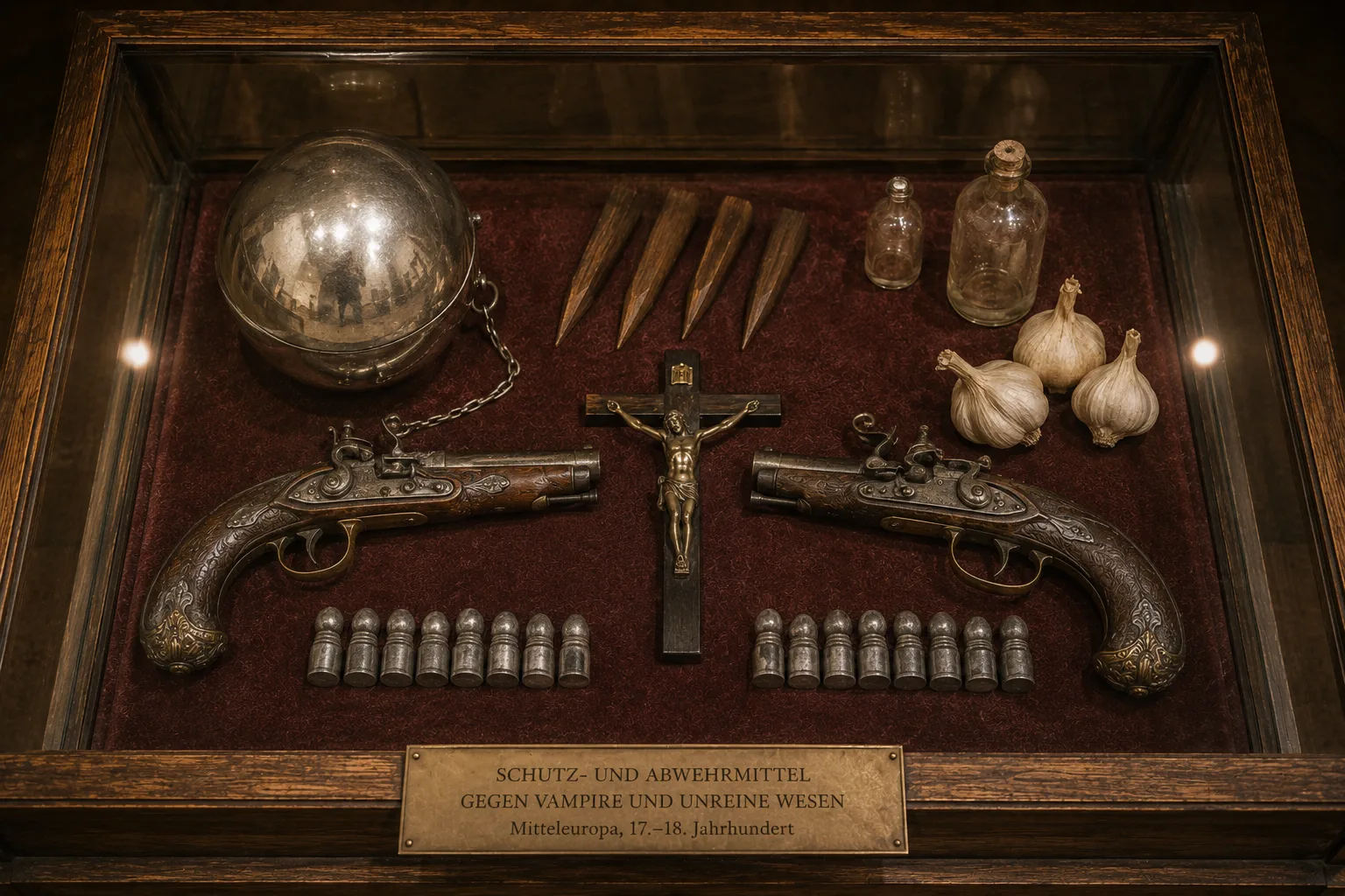 Silberne Kugeln und historische Pistolen in einer Museumsvitrine