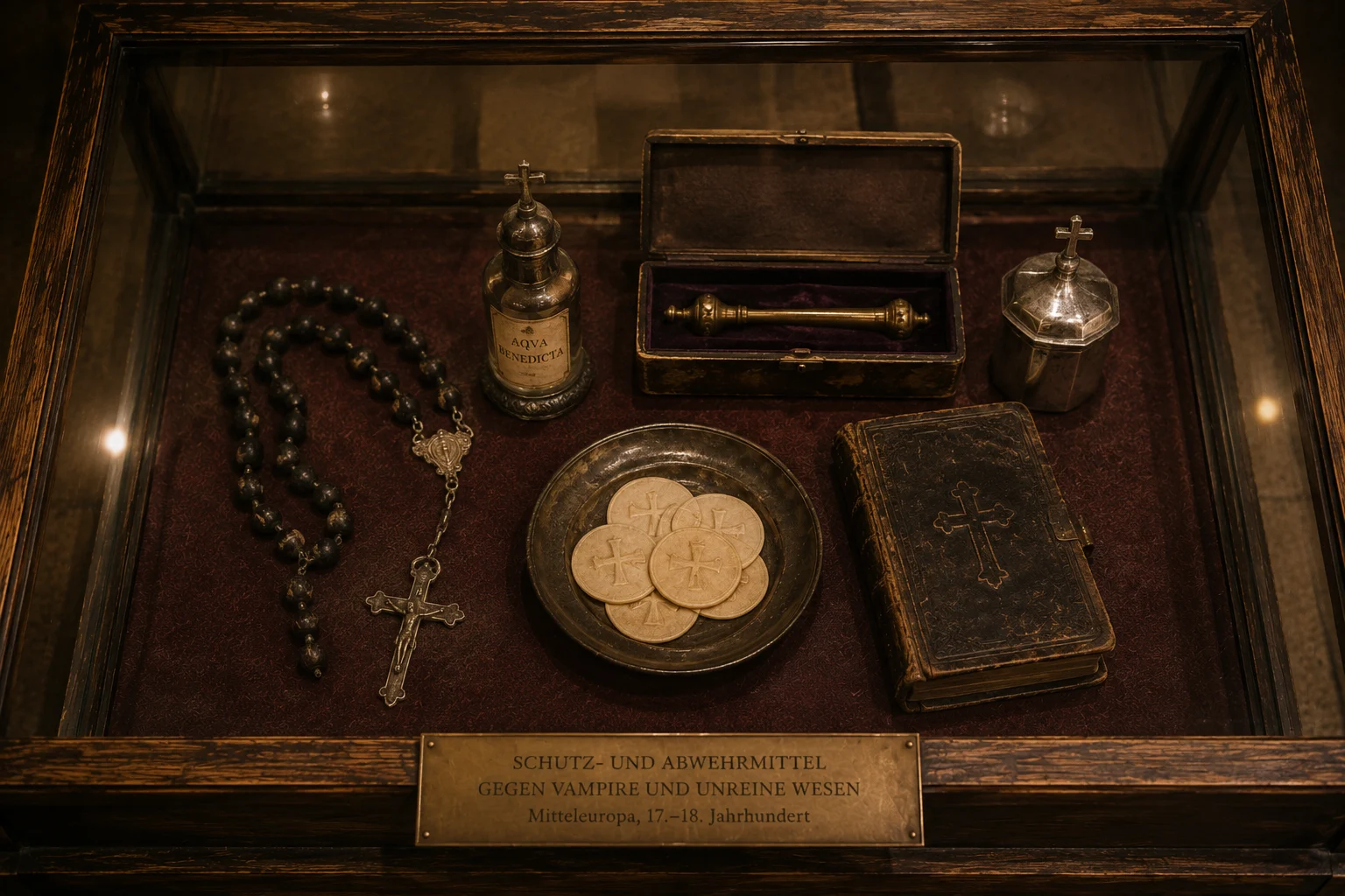 Knoblauch und Schutzgegenstände in einer Museumsvitrine