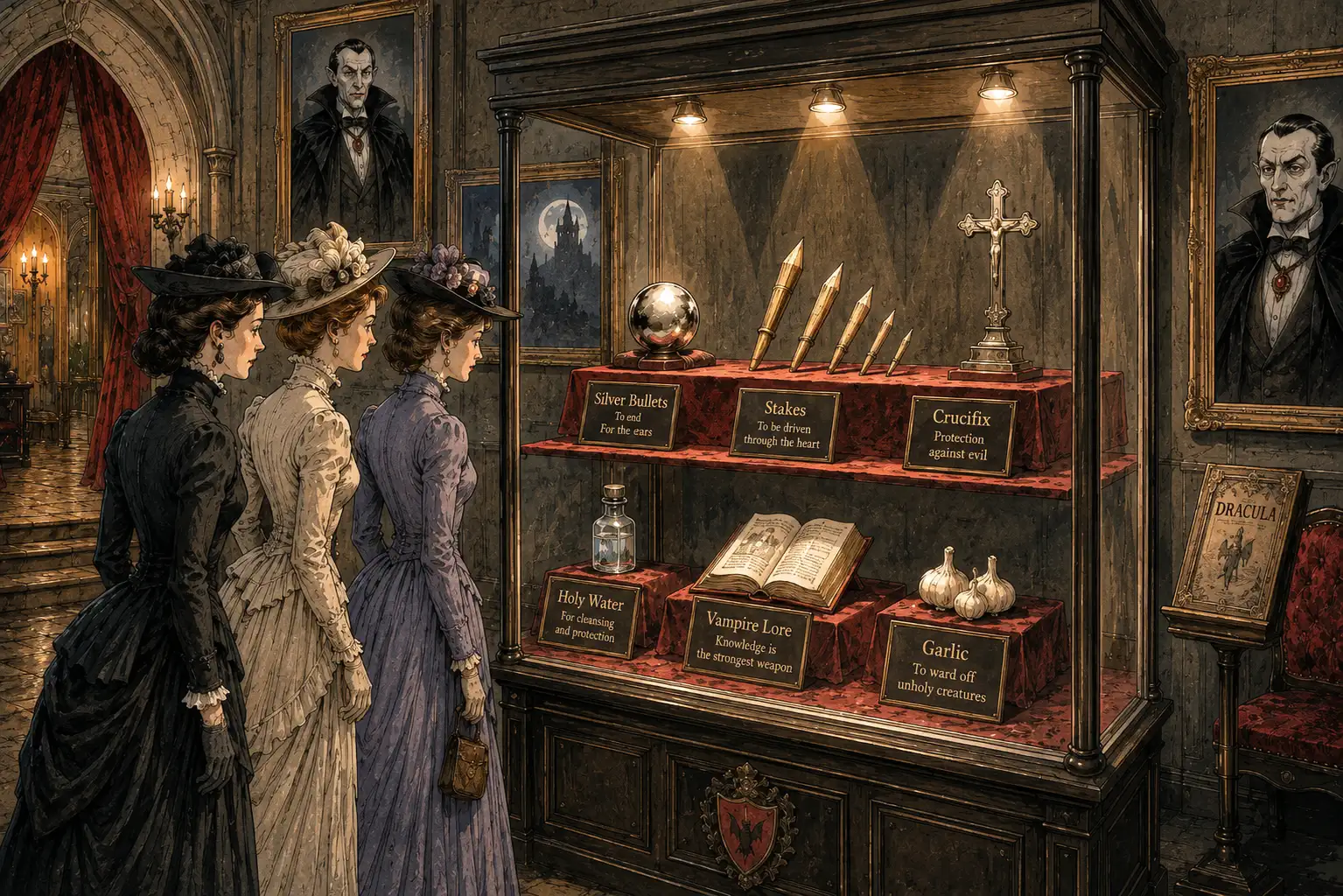 Rosenkranz, Weihwasser und Hostien in einer Museumsvitrine