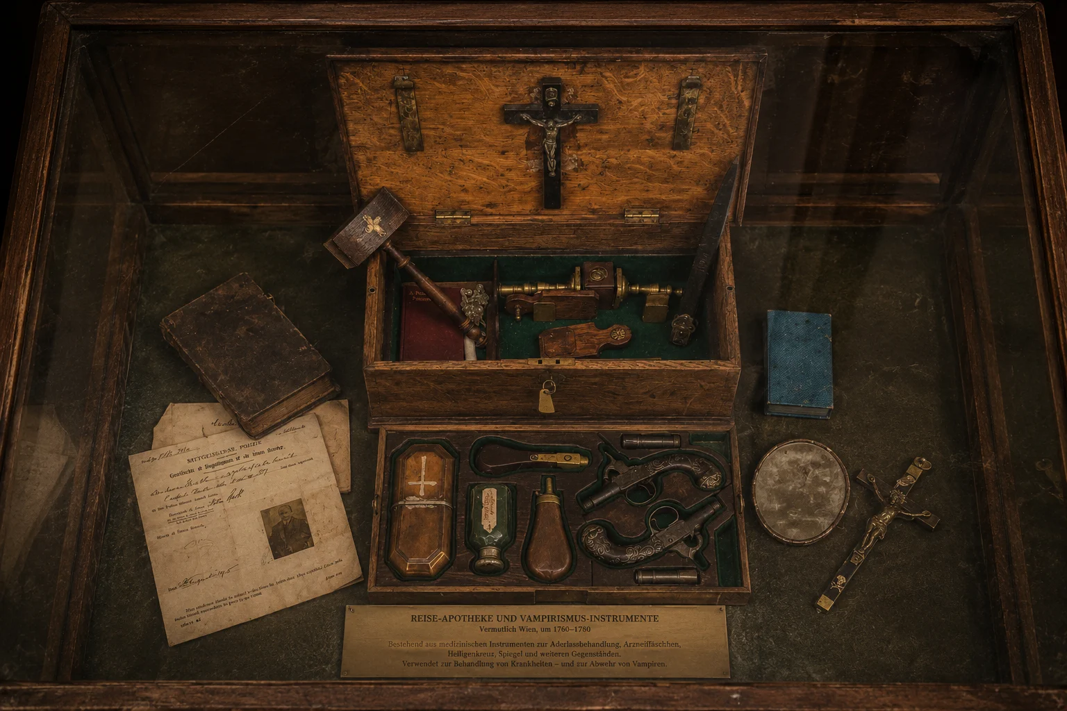 Kruzifix und religiöse Schutzgegenstände in einer Museumsvitrine