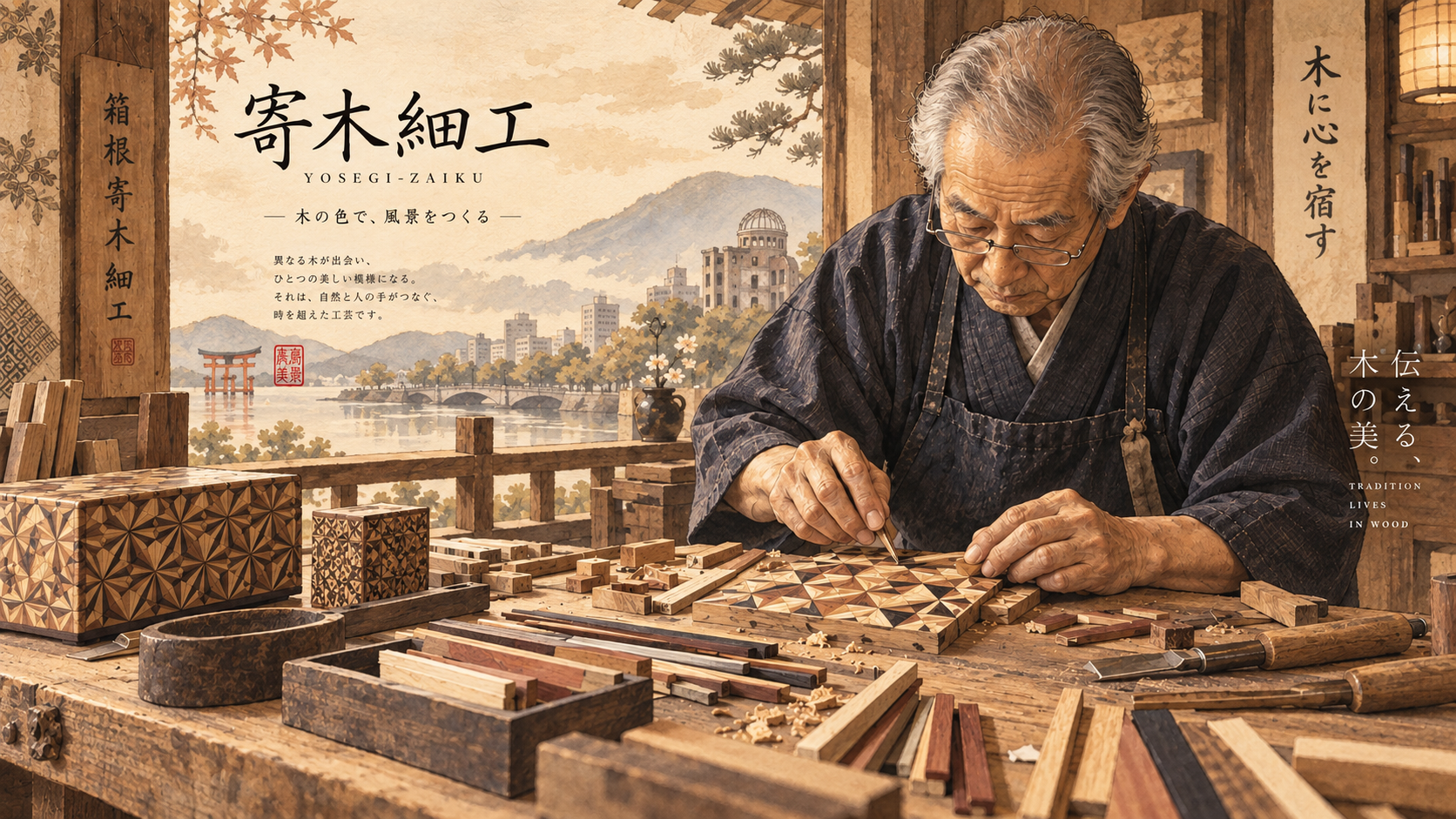 Sailor HIROSHIMA Yosegi-zaiku vor einer illustrierten Hiroshima-Landschaft