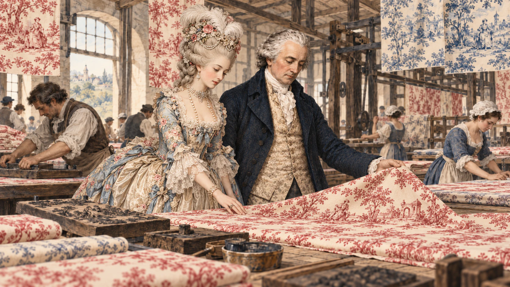 Marie-Antoinette und Christophe-Philippe Oberkampf begutachten einen bedruckten Stoff in der Manufaktur