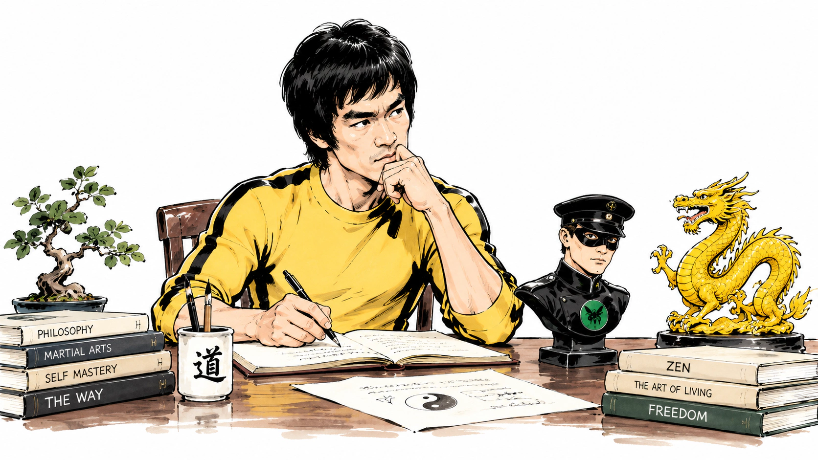 Bruce Lee am Schreibtisch mit Büchern und Drache