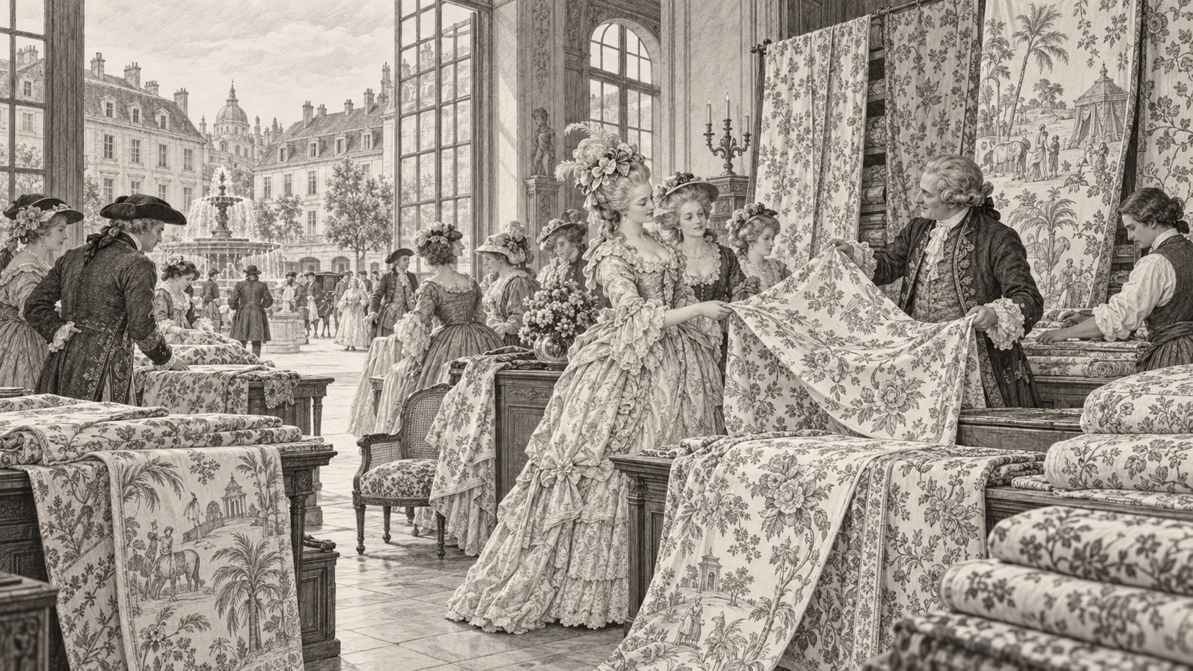 Illustration der Präsentation bedruckter Baumwollstoffe im Umfeld der höfischen Kultur des 18. Jahrhunderts
