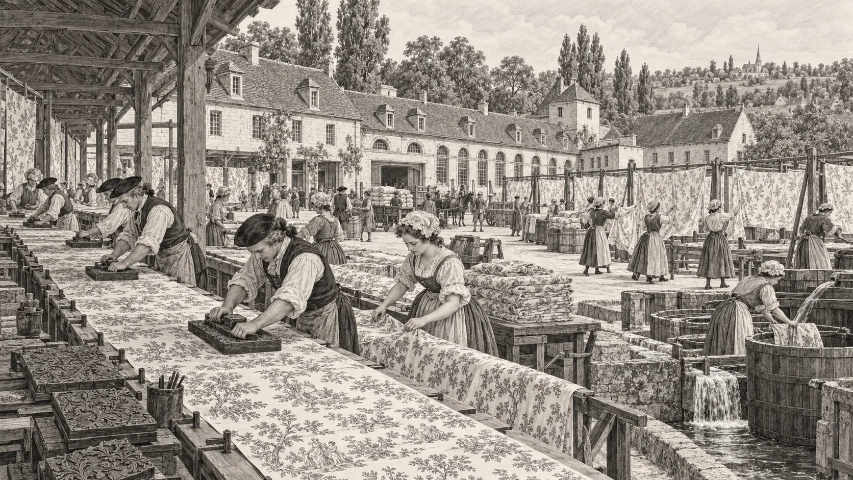 Illustration einer Textilmanufaktur mit Drucktischen, Stoffbahnen und Arbeitern
