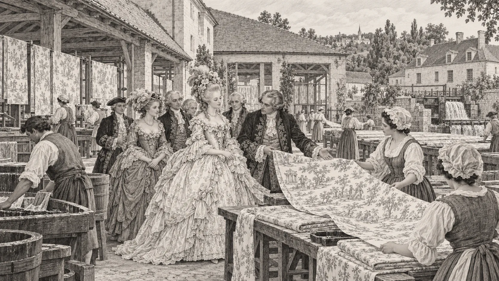 Illustration eines höfischen Besuchs in einer Textilmanufaktur des 18. Jahrhunderts