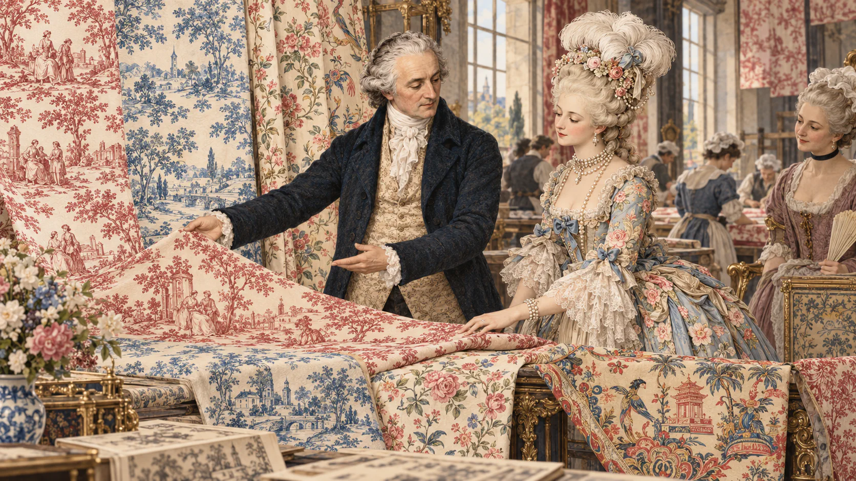 Präsentation verschiedener Toile-de-Jouy-Dessins und bedruckter Stoffe