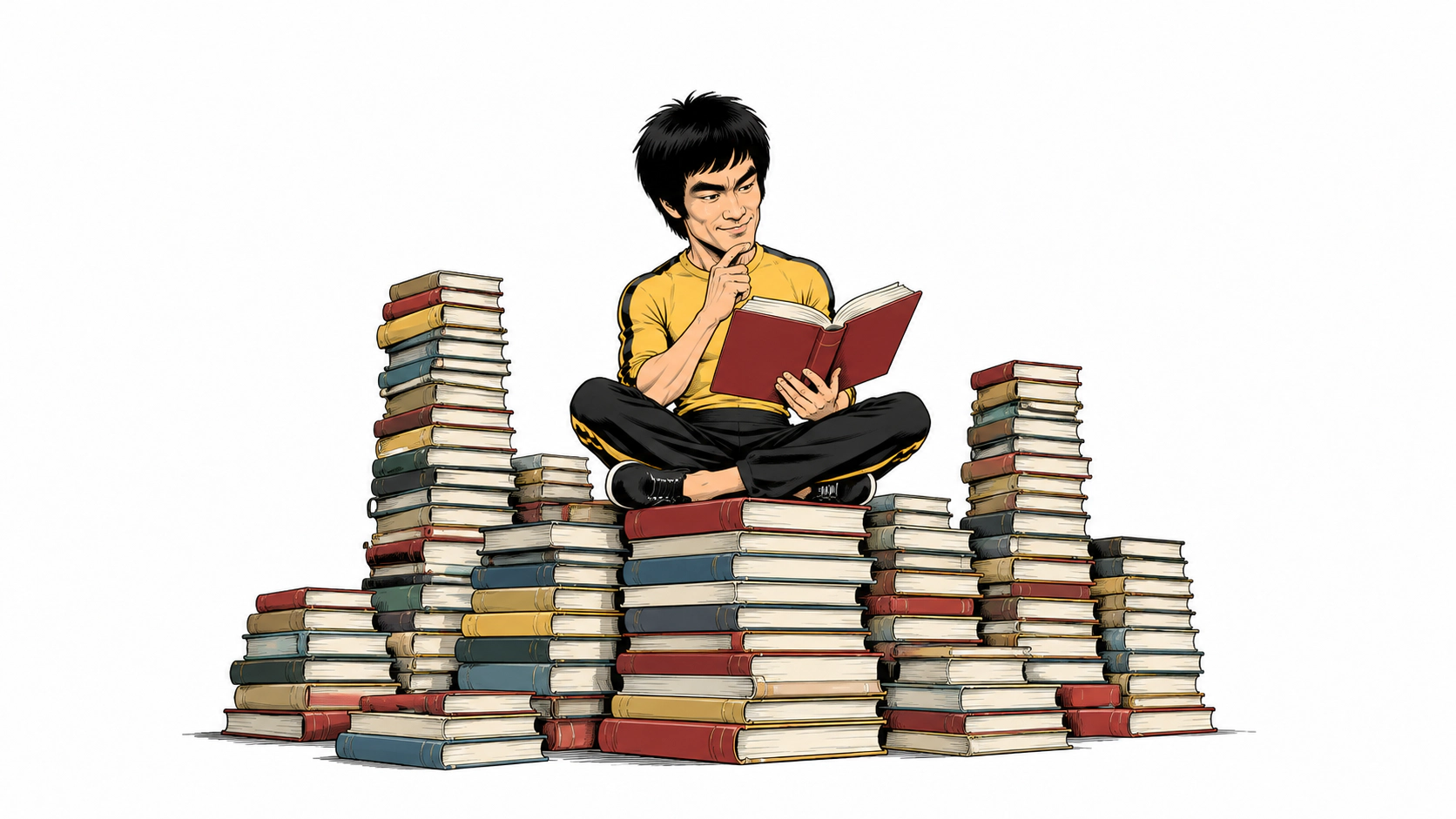 Bruce Lee als Leser zwischen seinen Büchern