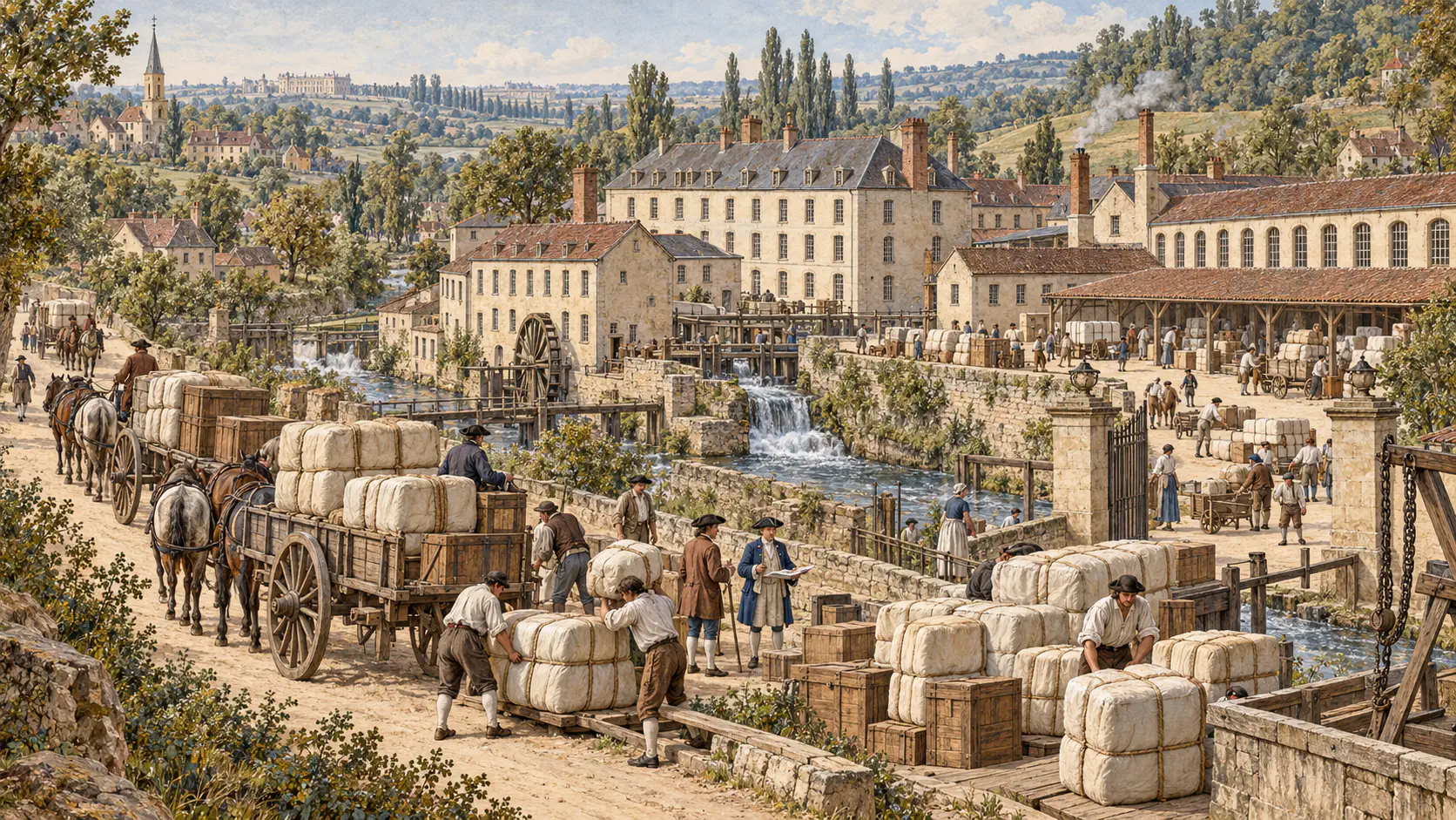 Historisch informierte Illustration der Anlieferung von Baumwollstoffen mit Pferdefuhrwerken an die Oberkampf-Manufaktur