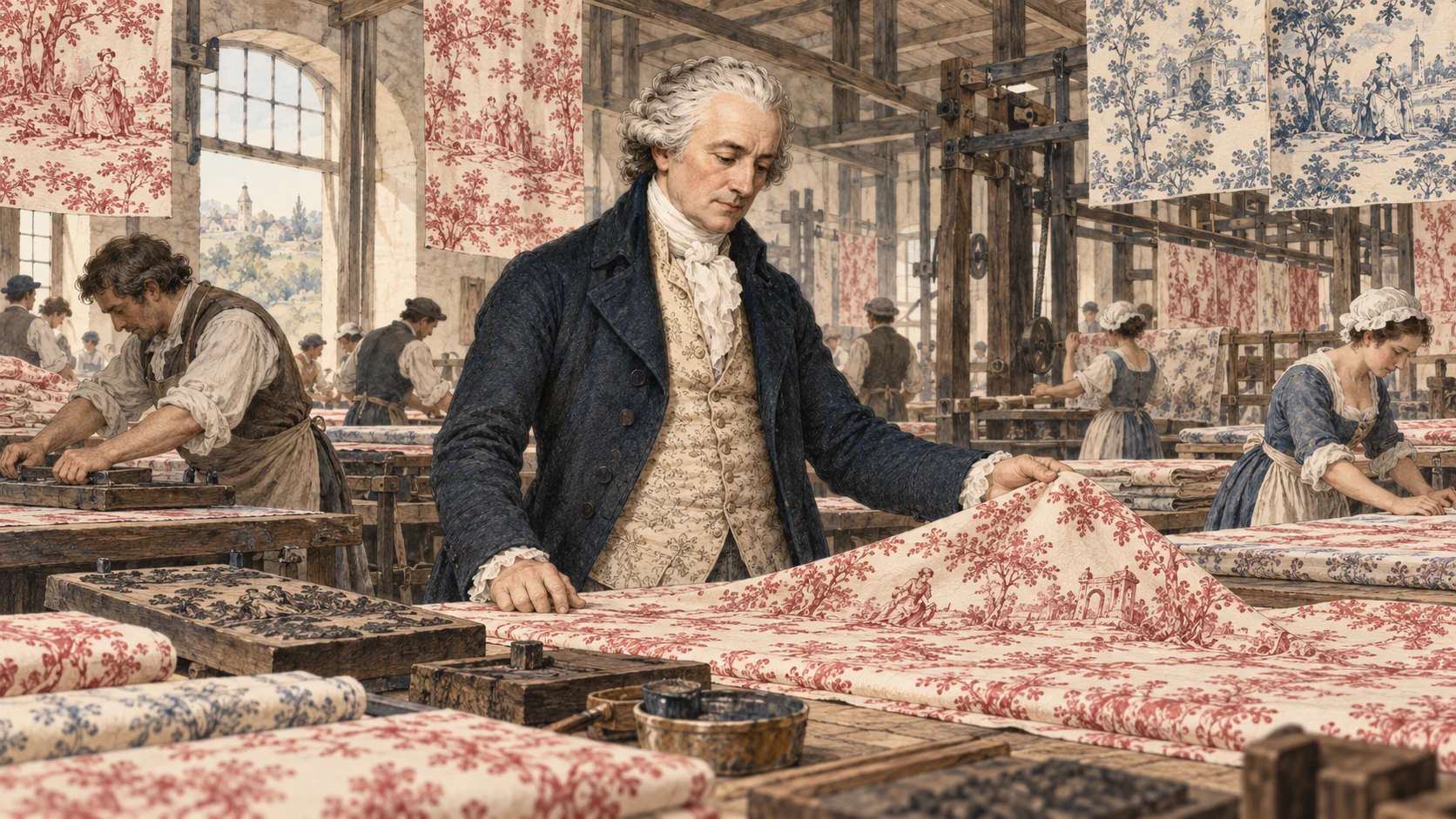 Christophe-Philippe Oberkampf begutachtet Stoffe in einer Textilmanufaktur des 18. Jahrhunderts