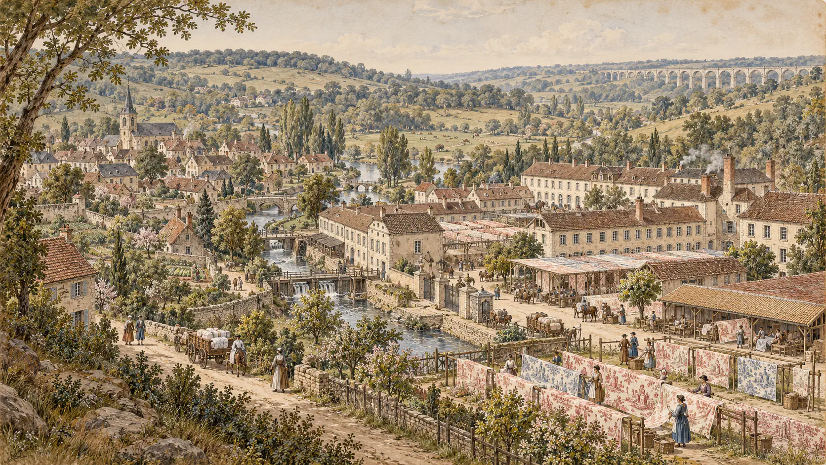 Historisch informierte Illustration von Jouy-en-Josas mit der Oberkampf-Manufaktur im Tal der Bièvre